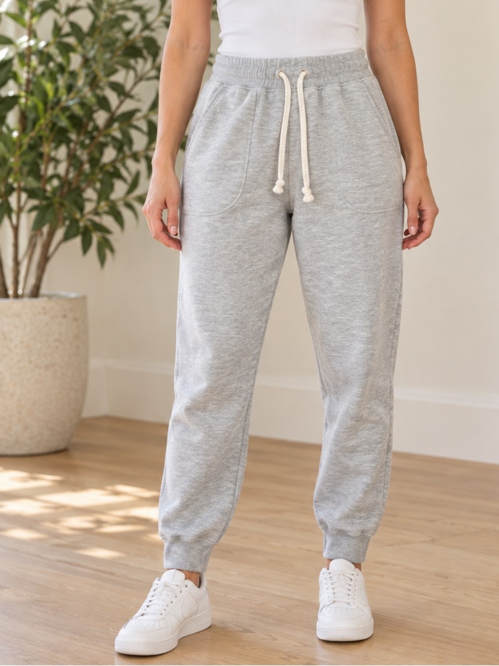 Everyday Cozy Gray Joggers with White Drawstring